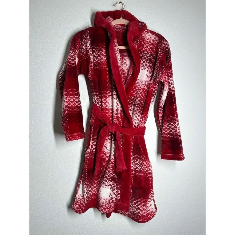 Kids Bathrobe Hooded Belted Fleece Red Plaid White Size 5-6 See Description
